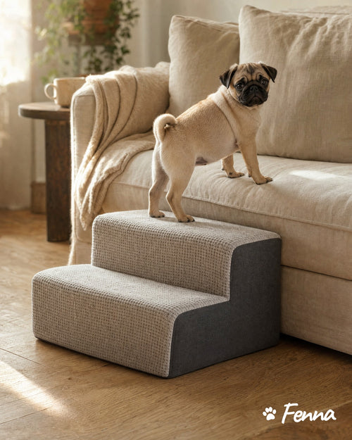 Pug puppy stepping up the Fenna Ramp 2 Step onto a sofa (illustrative image)